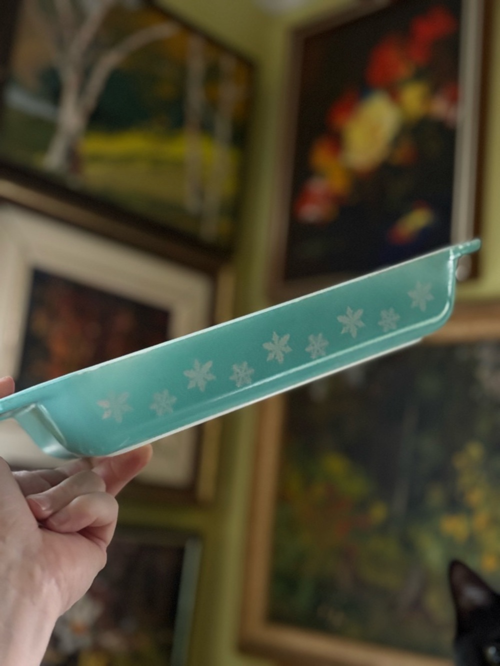 Pyrex Aqua Rectangular Baking Dish with White Snowflake Border